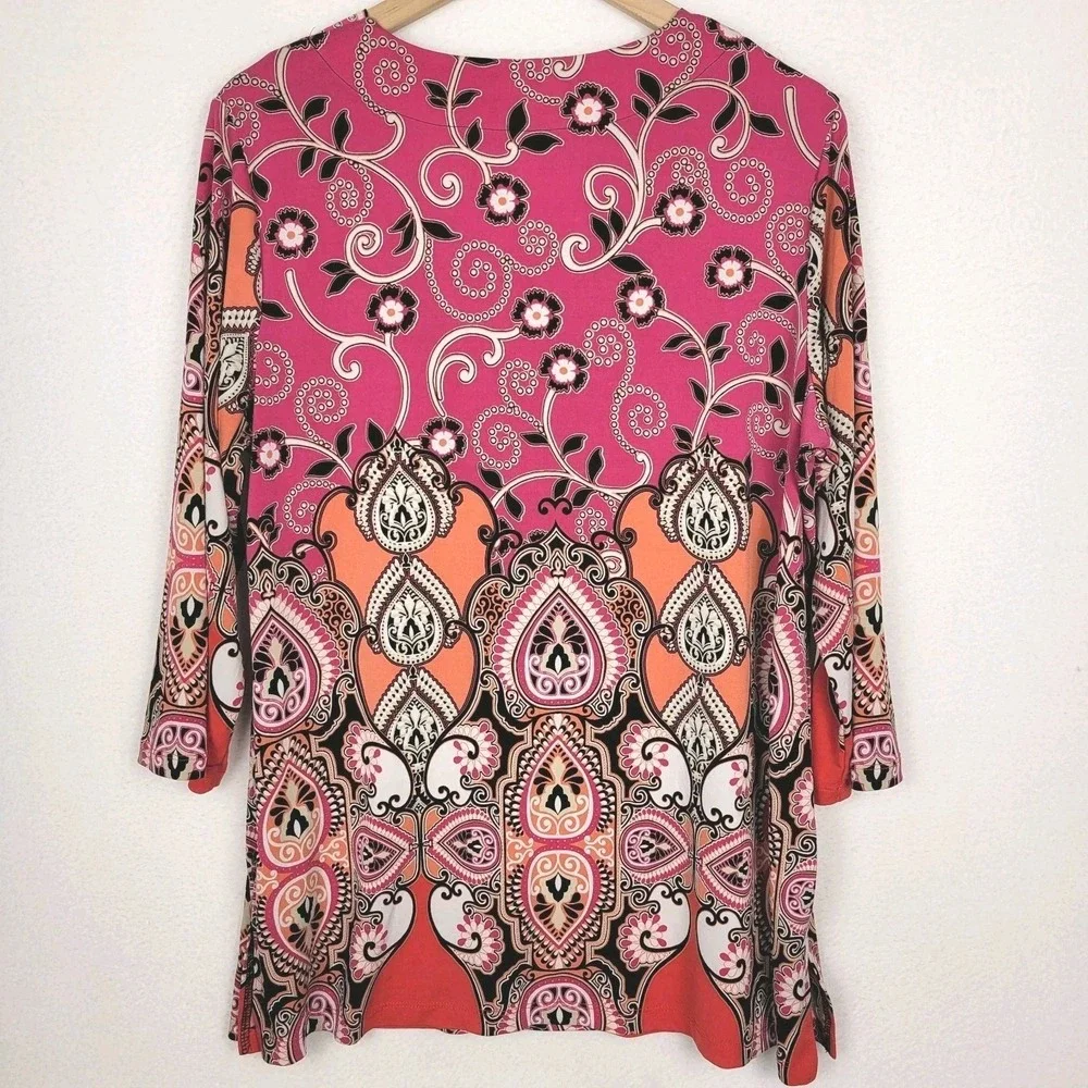 JM Collection Women's Tunic Top 0X Pink Paisley Beaded Boho Glam Whimsical
